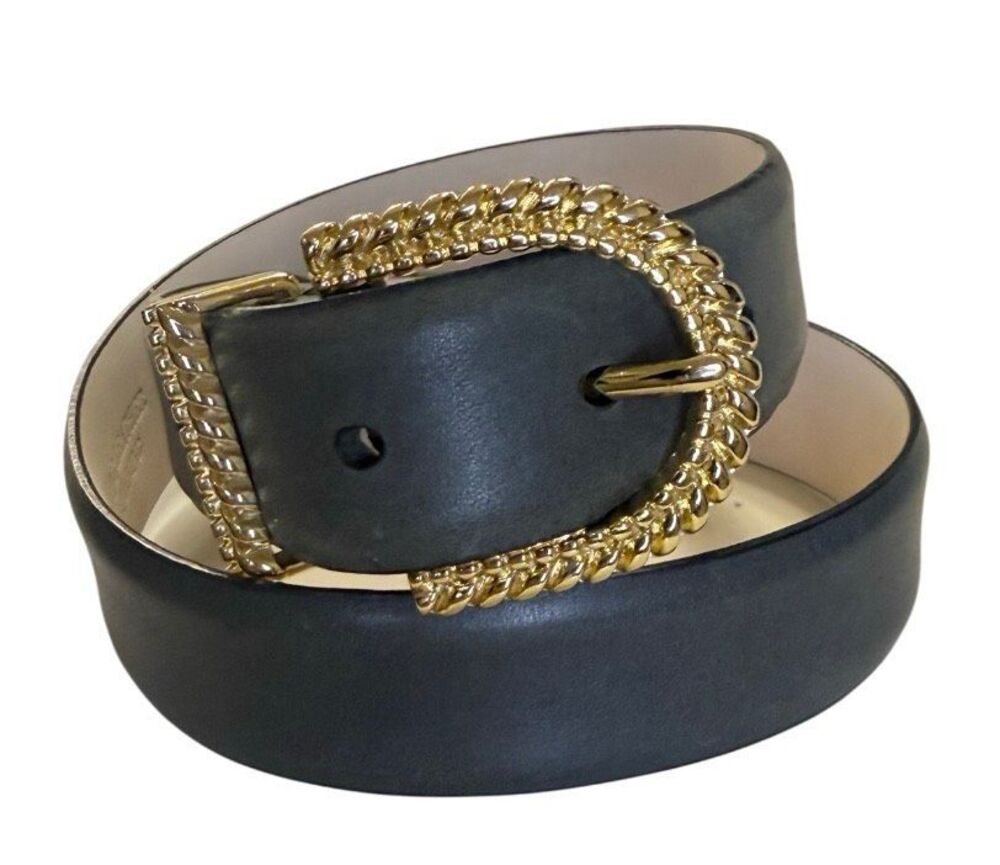 Talbots Leather Belt Gold Twisted Chain Statement Buckle Medium Black